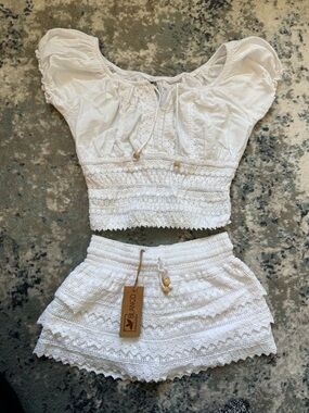 NWT White Tan Lace Crop Top Skorts Shorts Matching Set Small Festival Coquette